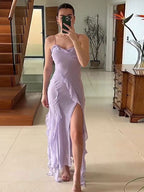 Summer Dress Straps Neck Pleated Layered Lavender Long Beach Dress