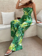 Green Printed Strapless Sleeveless Lace Up Strapless Wide Summer Jumpsuit