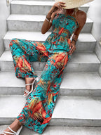 Green Printed Strapless Sleeveless Lace Up Strapless Wide Summer Jumpsuit