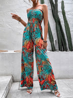Green Printed Strapless Sleeveless Lace Up Strapless Wide Summer Jumpsuit