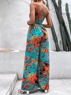 Green Printed Strapless Sleeveless Lace Up Strapless Wide Summer Jumpsuit