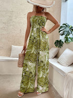 Green Printed Strapless Sleeveless Lace Up Strapless Wide Summer Jumpsuit