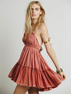 Backless Halter Mini Dress for Women - Boho Textured Ruffle V Neck Tie Back Babydoll Dress - Summer Beach Party 2026