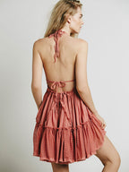Backless Halter Mini Dress for Women - Boho Textured Ruffle V Neck Tie Back Babydoll Dress - Summer Beach Party 2026