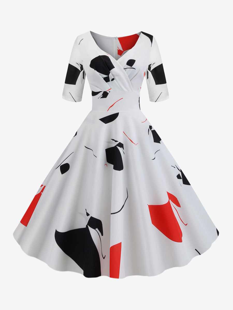 Vintage Glamour Dress Black 1950s Style Floral Print Layered Half Sleeves Sweetheart Neck Medium Rockabilly Dress