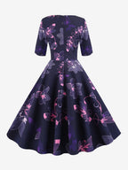 Vintage Glamour Dress Black 1950s Style Floral Print Layered Half Sleeves Sweetheart Neck Medium Rockabilly Dress