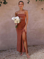 Summer Dress Straps Neck Split Front High-slit Beige Long Prom Dress