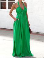 Halter Neck Maxi Dress for Women - Boho V Neck Ruched Flowy Backless Sun Dress - Summer Beach Party 2026