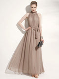 Halter Sundress Jewel Neck Lace Up Chiffon Beach Prom Maxi Dresses