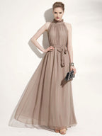 Halter Sundress Jewel Neck Lace Up Chiffon Beach Prom Maxi Dresses