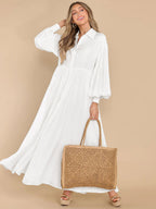 Boho Maxi Shirt Dress For Women- Long Puff Sleeve Casual Flowy Dress - Summer Vacation Beach Evening Wear 2026