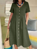 Linen V-Neck Short Sleeve Button Front Pocket Midi Dress