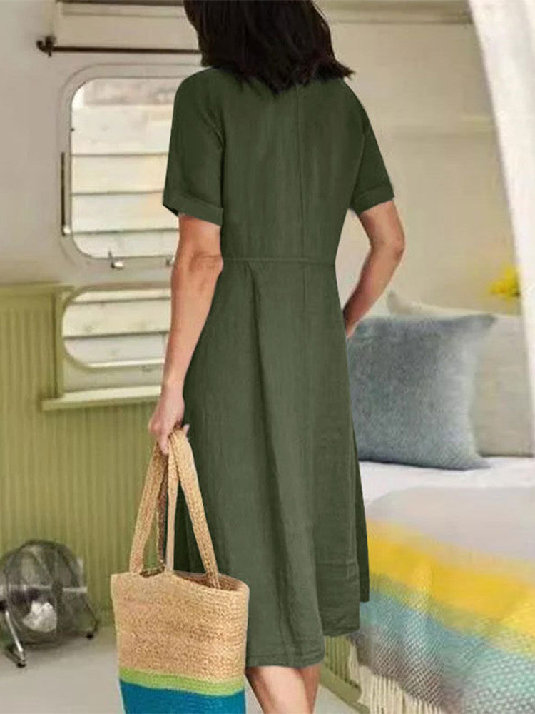 Linen V-Neck Short Sleeve Button Front Pocket Midi Dress