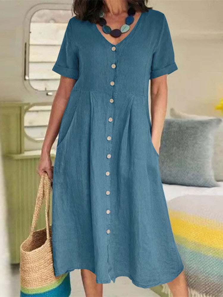 Linen V-Neck Short Sleeve Button Front Pocket Midi Dress