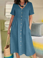 Linen V-Neck Short Sleeve Button Front Pocket Midi Dress