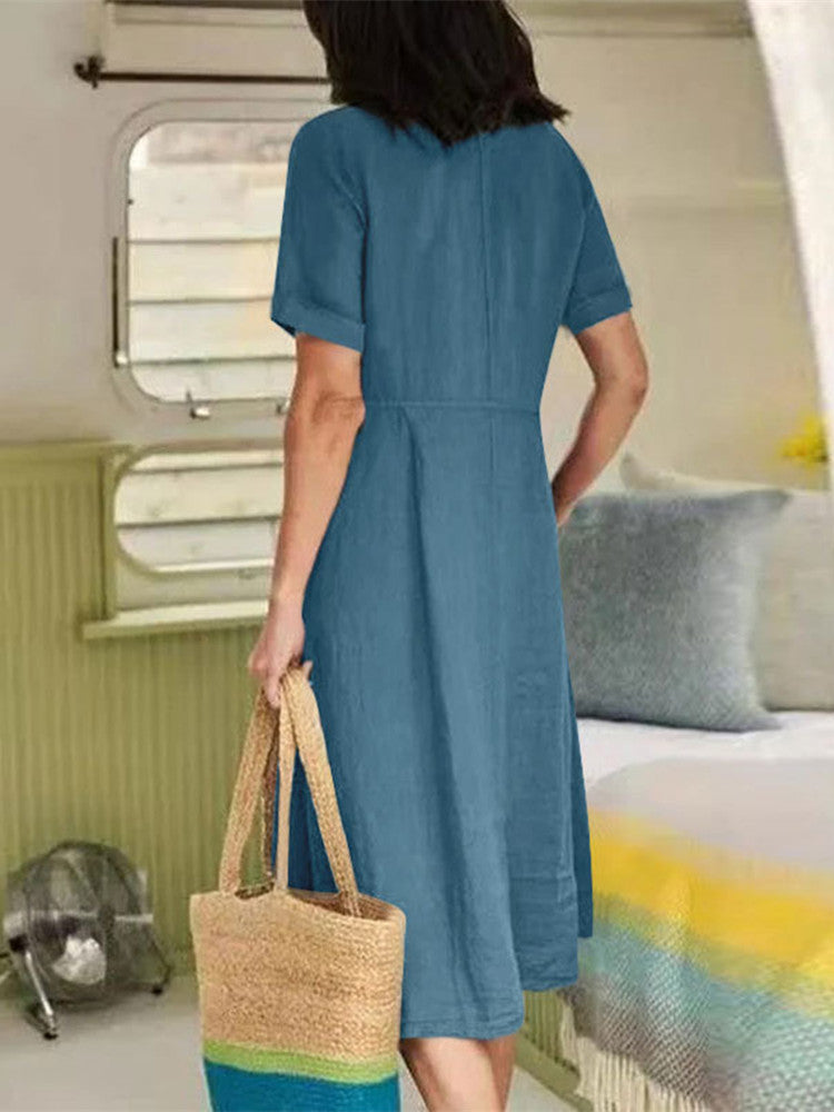 Linen V-Neck Short Sleeve Button Front Pocket Midi Dress