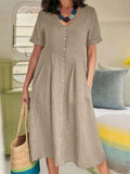 Linen V-Neck Short Sleeve Button Front Pocket Midi Dress