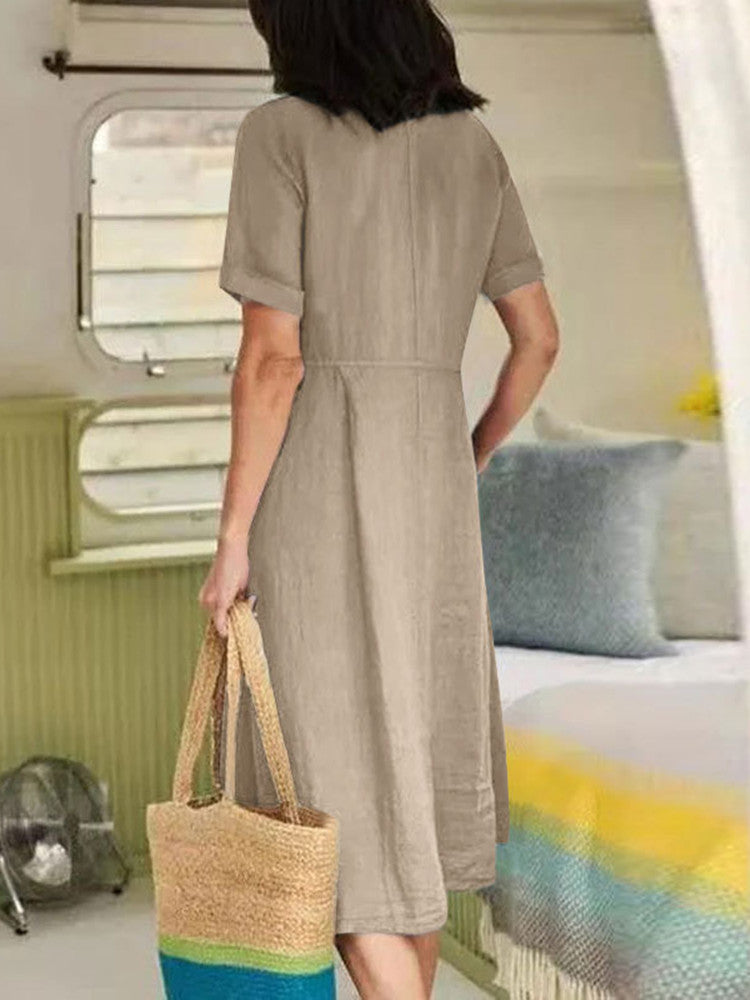 Linen V-Neck Short Sleeve Button Front Pocket Midi Dress