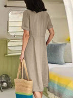 Linen V-Neck Short Sleeve Button Front Pocket Midi Dress
