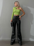 PU Leather Pants Drawstring Raised Waist Trousers For Women