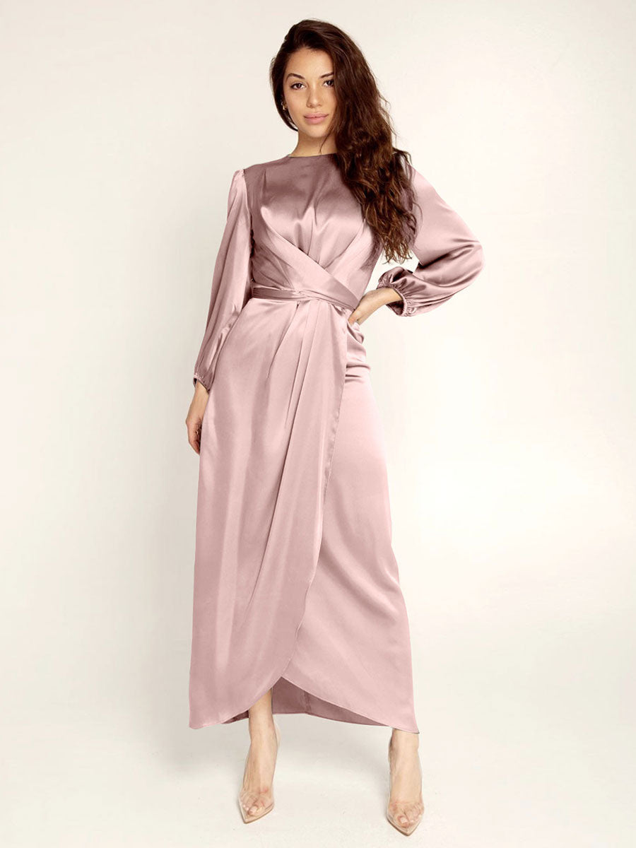 Prom Dresses Jewel Neck Pleated Stain Semi Formal Maxi Dress