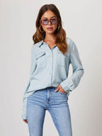 Denim Blouse For Women Turndown Collar Flap Pockets Daily Tops