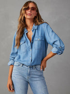Denim Blouse For Women Turndown Collar Flap Pockets Daily Tops