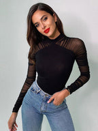 Long Sleeves Bodysuit Black Stretch Jewel Neck Chic Polyester Top For Women