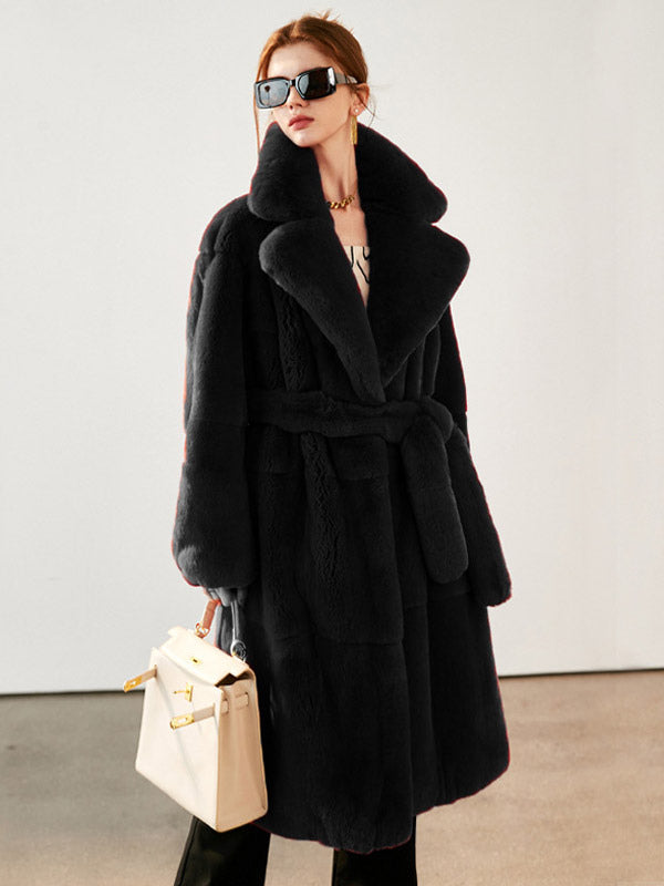 Faux Fur Long Coat Notched Lapel Belted Winter Eco-friendly Jacket For Women 2026