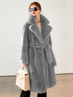 Faux Fur Long Coat Notched Lapel Belted Winter Eco-friendly Jacket For Women 2026