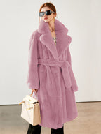 Faux Fur Long Coat Notched Lapel Belted Winter Eco-friendly Jacket For Women 2026