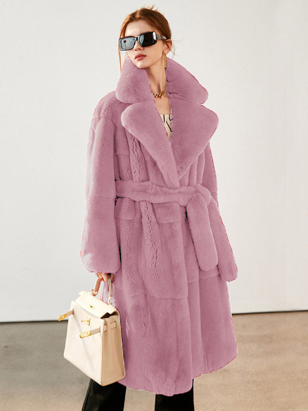 Faux Fur Long Coat Notched Lapel Belted Winter Eco-friendly Jacket For Women 2026