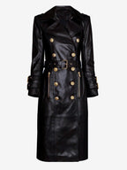 Trench Coat Notched Lapel Double Breast Belted PU Leather Outerwear