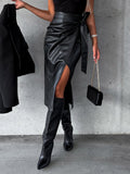 Bow Tie Skirt High Waist Black PU Leather Fall Winter Women Bottoms