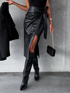 Bow Tie Skirt High Waist Black PU Leather Fall Winter Women Bottoms