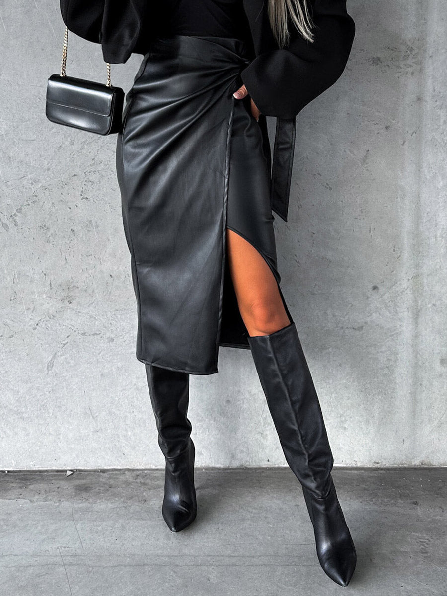 Bow Tie Skirt High Waist Black PU Leather Fall Winter Women Bottoms