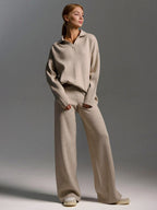 Knit Pant Set Drop Shoulder Pullover And Wide Leg Trousers For Women