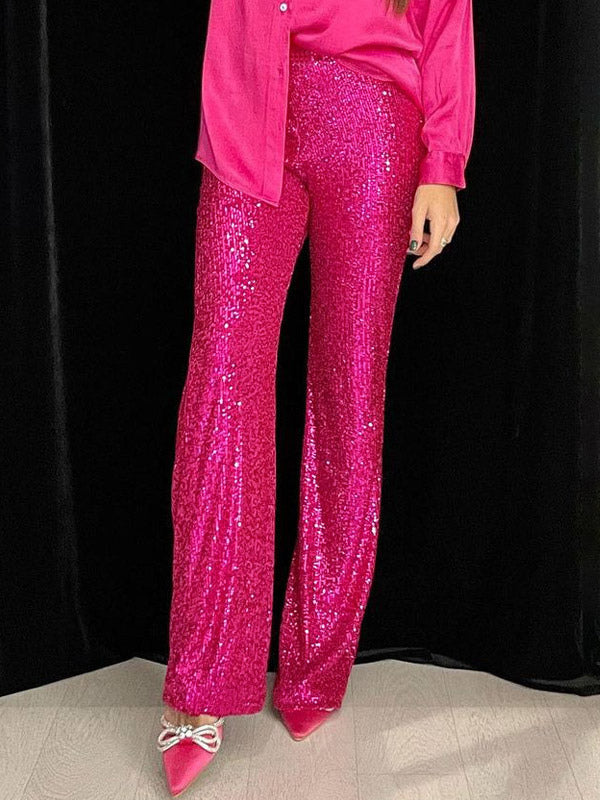 Sparkle Pants High Waist Wide Leg Sequins Chic Trousers For Women
