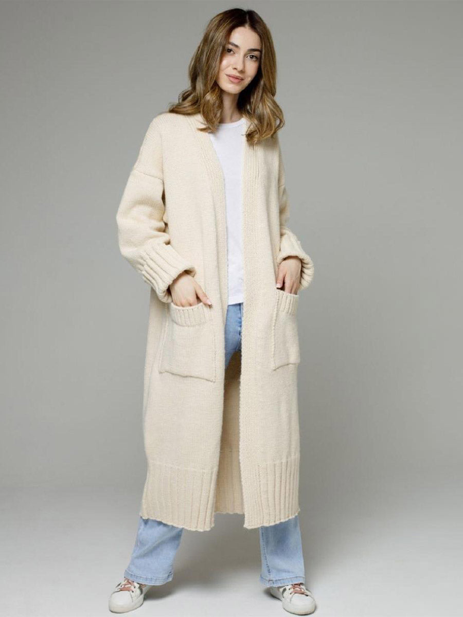 Longline Cardigan Drop Shoulder Ribbed Full Length Women's Sweater
