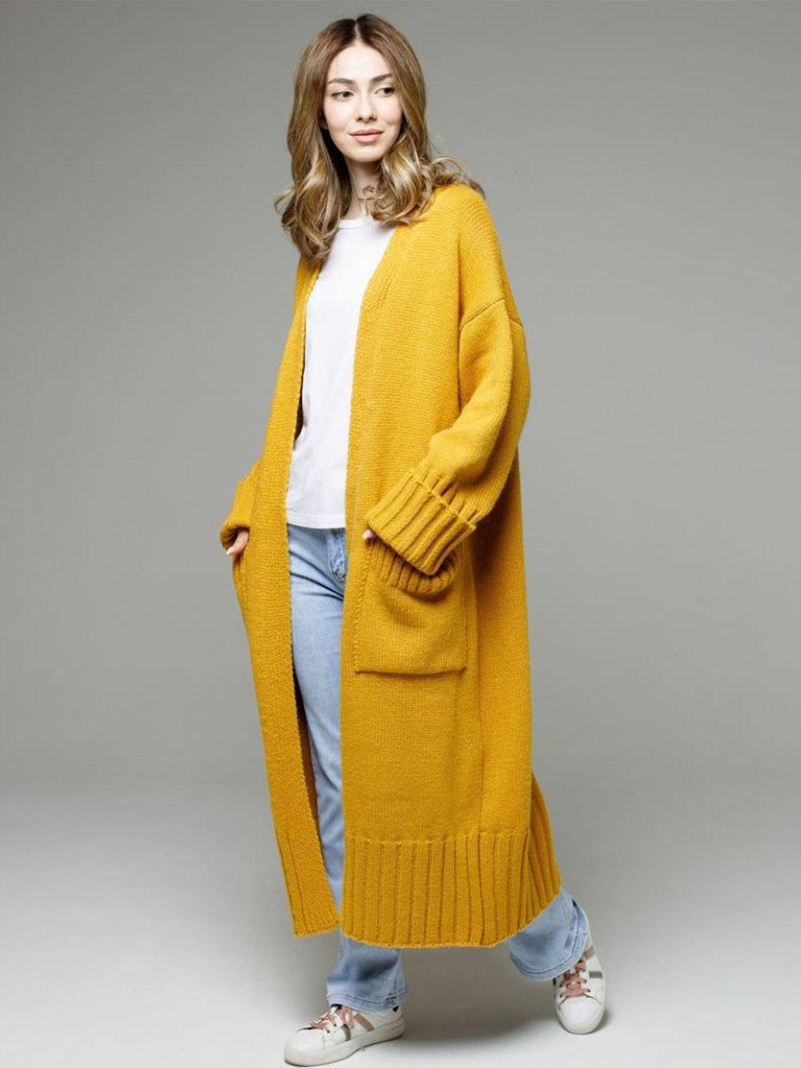 Longline Cardigan Drop Shoulder Ribbed Full Length Women's Sweater