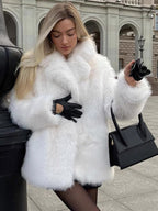 Faux Fur Coat In White Notched Lapel Eco-friendly Winter Jacket For Women 2026