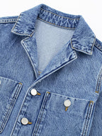 Denim Jumpsuit Pleated Neck Front Button Straight Solid Color Playsuit