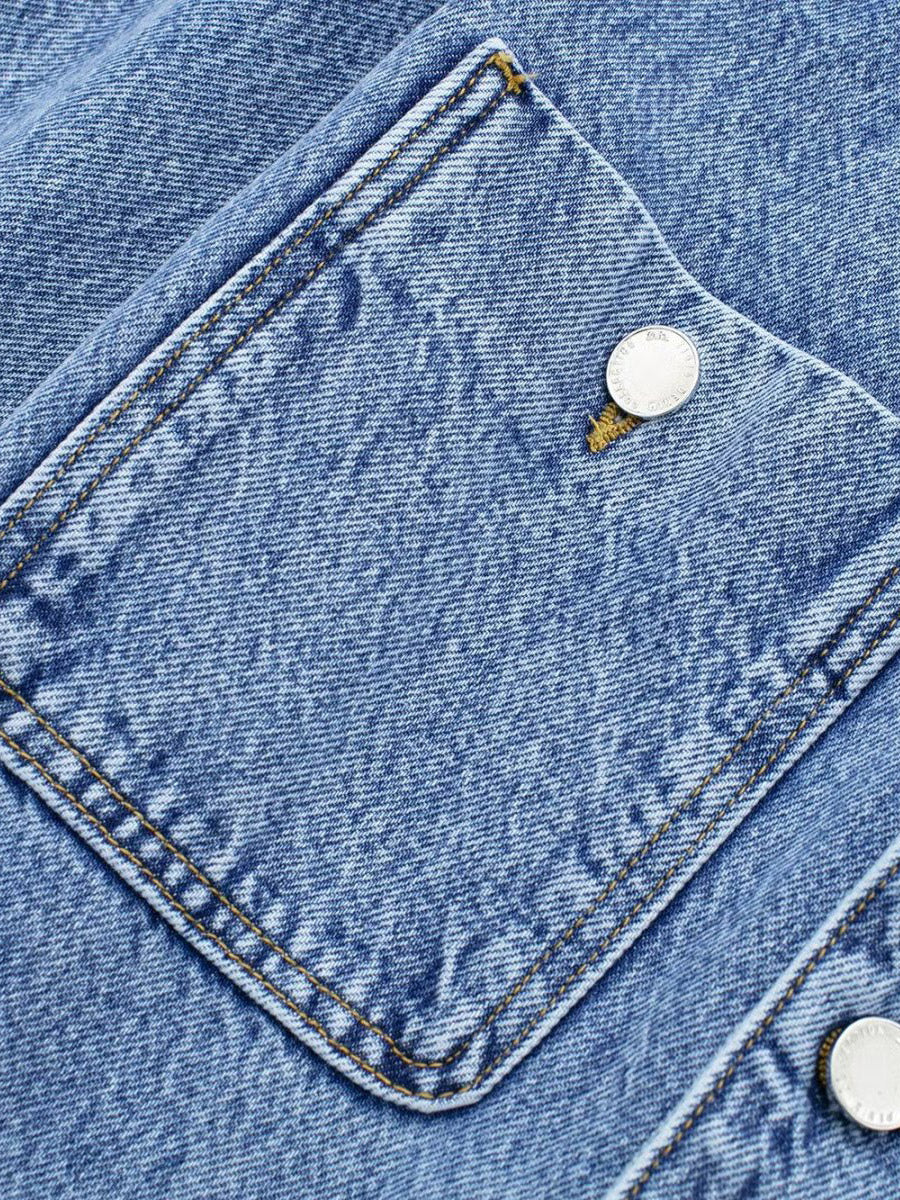 Denim Jumpsuit Pleated Neck Front Button Straight Solid Color Playsuit