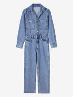Denim Jumpsuit Pleated Neck Front Button Straight Solid Color Playsuit