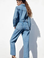 Denim Jumpsuit Pleated Neck Front Button Straight Solid Color Playsuit