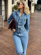 Denim Jumpsuit Pleated Neck Front Button Straight Solid Color Playsuit