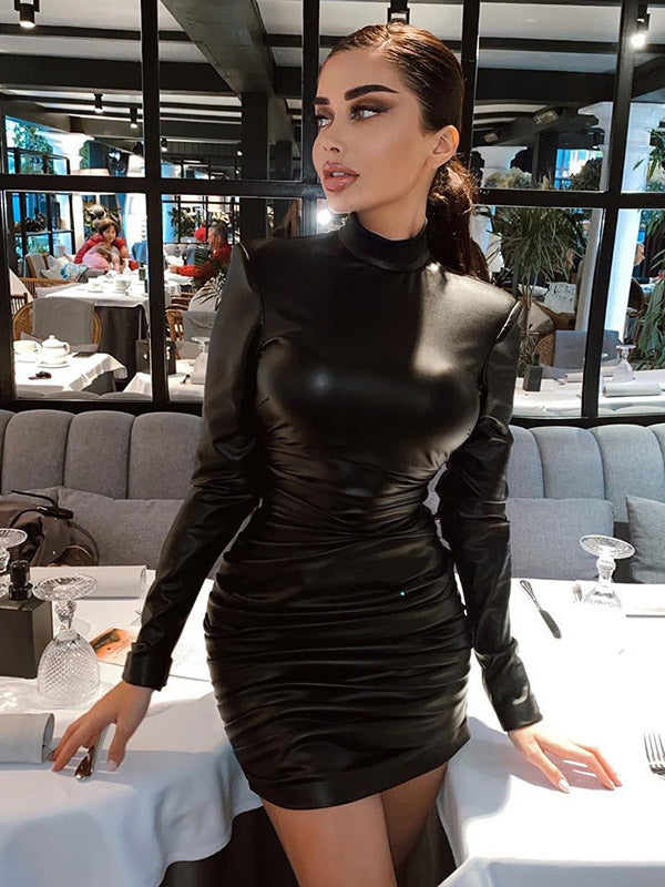 Metallic Color Bodycon Dress Padded Shoulder Pleated Sheath Dresses