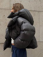 Puffer Coat Hooded Front Button Solid Color Oversized Winter Outerwear