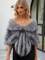 Faux Fur Poncho Bateau Neck Solid Color Fall Winter Women's Cape
