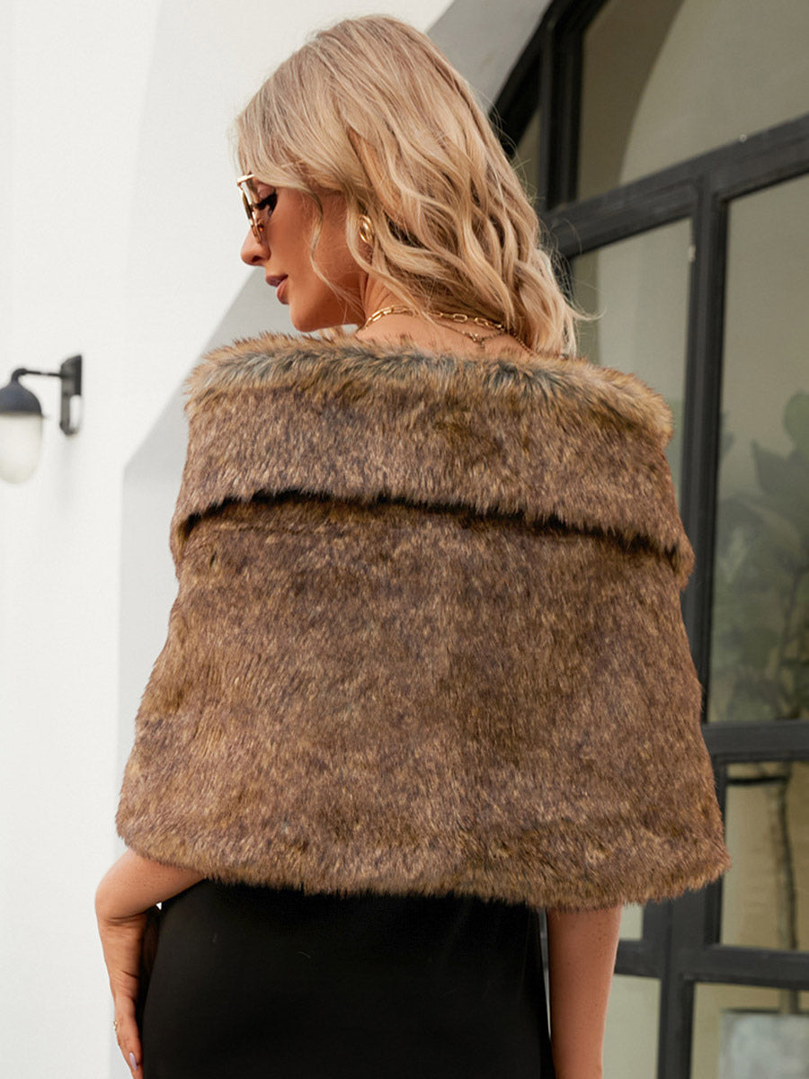 Faux Fur Poncho Bateau Neck Solid Color Fall Winter Women's Cape